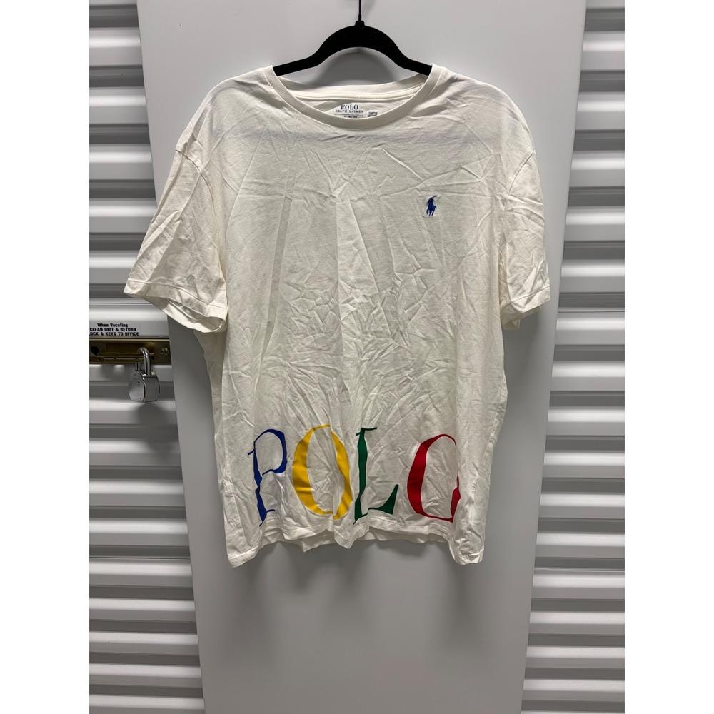 Polo Ralph Lauren T-Shirt Mens Large White Multi Color Logo Graphic Good